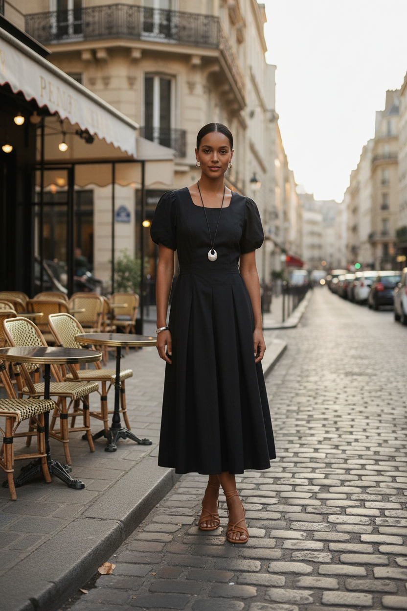A woman stands on a cobblestone street wearing a black midi dress with puff sleeves, a square neckline, and a flared skirt. The background shows Parisian-style buildings and outdoor cafe seating.