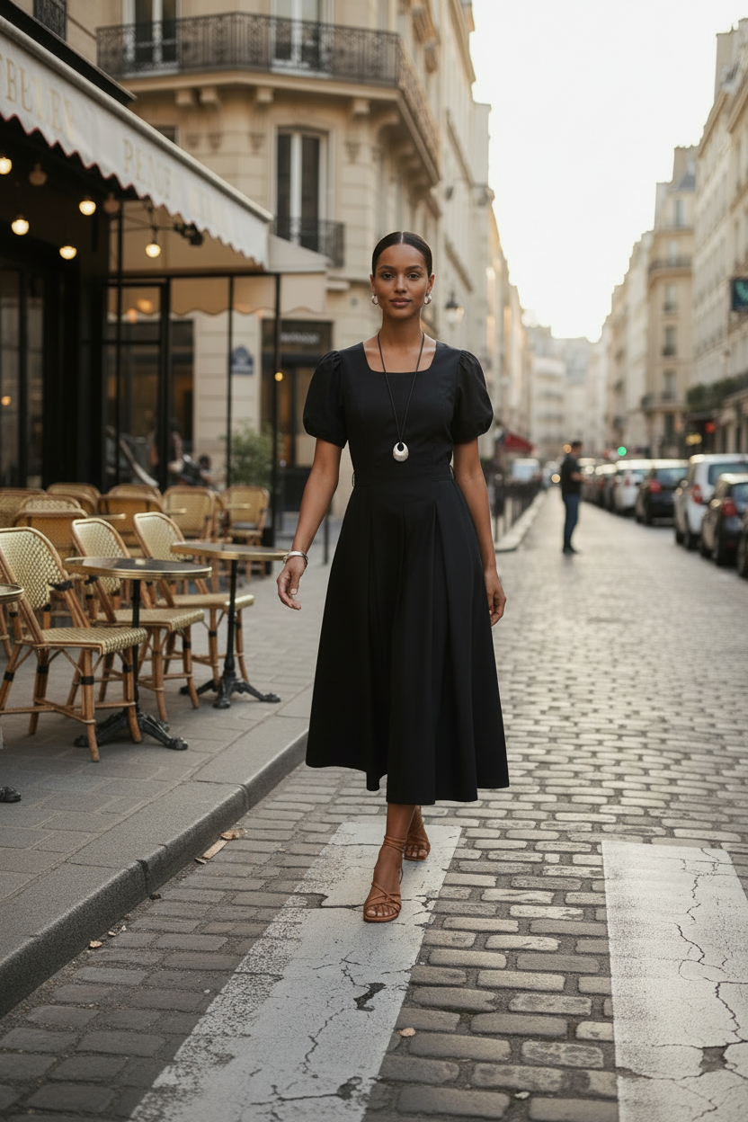 A woman wearing a black midi dress with puff sleeves and a square neckline walks across a cobblestone street crosswalk. She is wearing brown strappy high-heeled sandals and a long necklace with a round pendant.