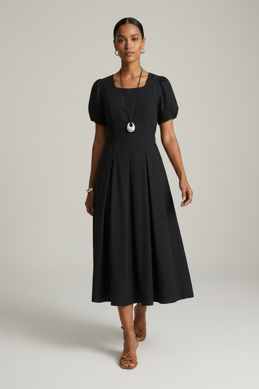 A woman modeling a black midi dress with short puff sleeves, a square neckline, and a flared skirt, photographed against a plain light gray studio background.