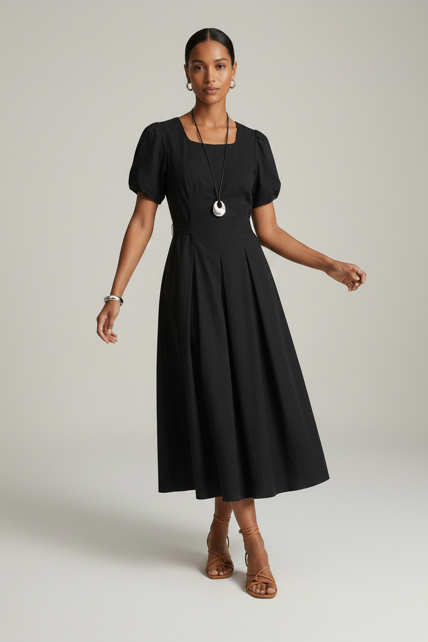 A woman modeling a black midi dress with short puff sleeves, a square neckline, and a flared skirt, photographed against a plain light gray studio background.