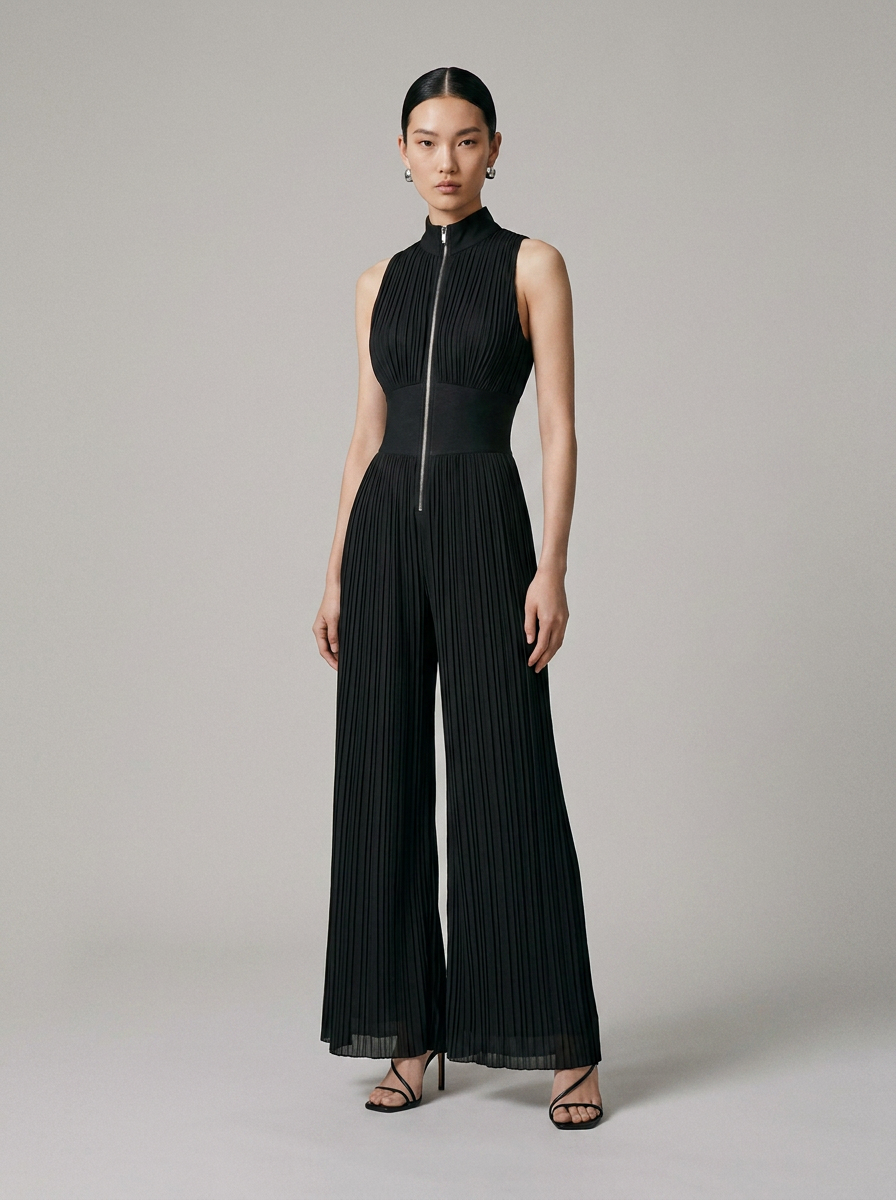 A model stands against a neutral light gray studio background wearing a sleeveless black pleated jumpsuit with a high mock neck, front zipper, and wide legs, paired with black strappy heels.