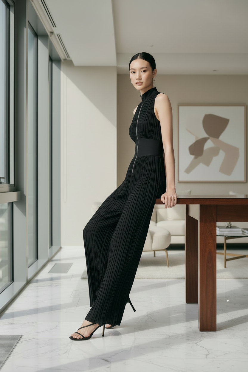 A woman models a sleeveless black pleated jumpsuit with a high mock neck and front zipper, styled with black strappy heels in a modern, sunlit living room.
