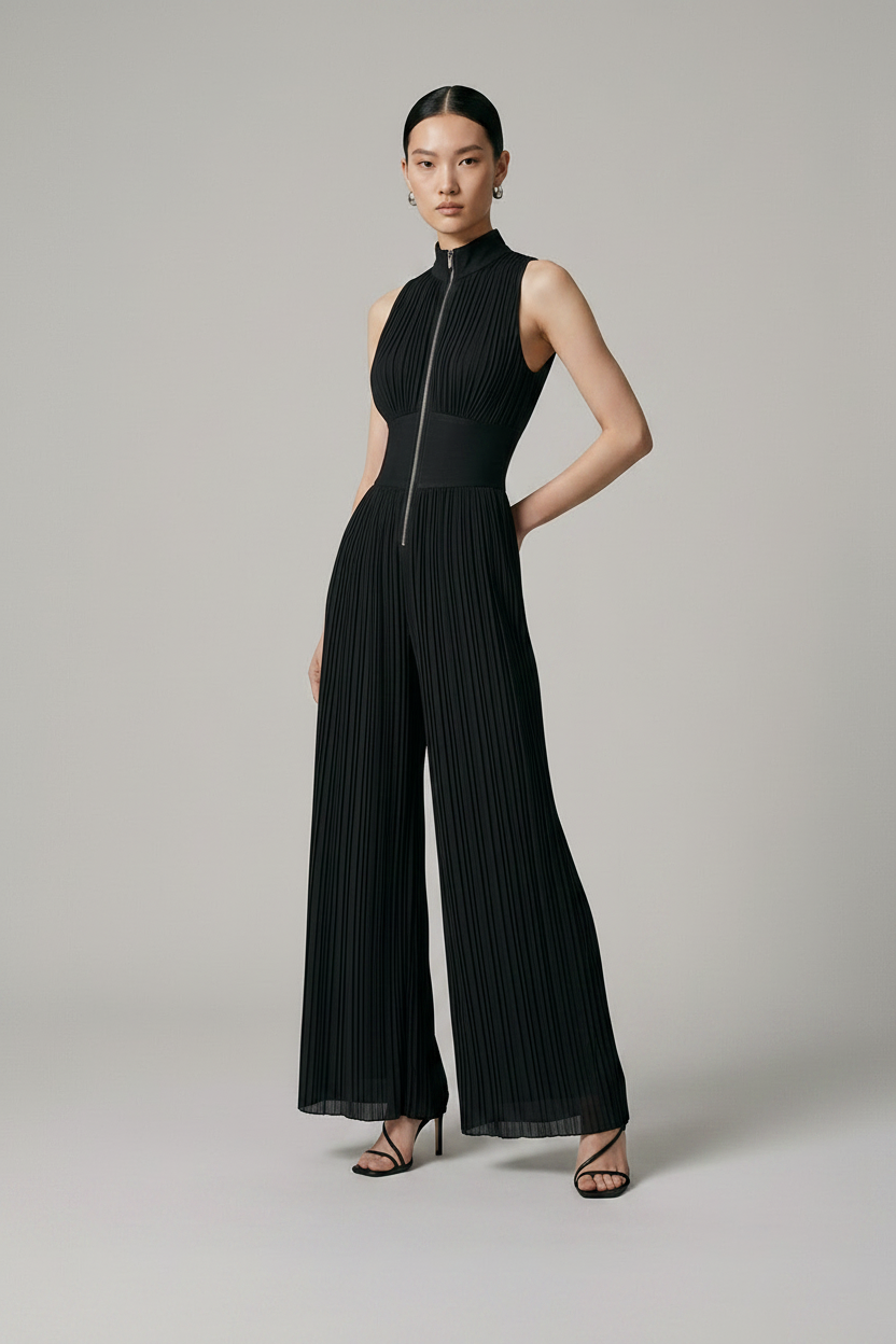 A model stands against a neutral light gray studio background wearing a sleeveless black pleated jumpsuit with a high mock neck, front zipper, and wide legs, paired with black strappy heels.