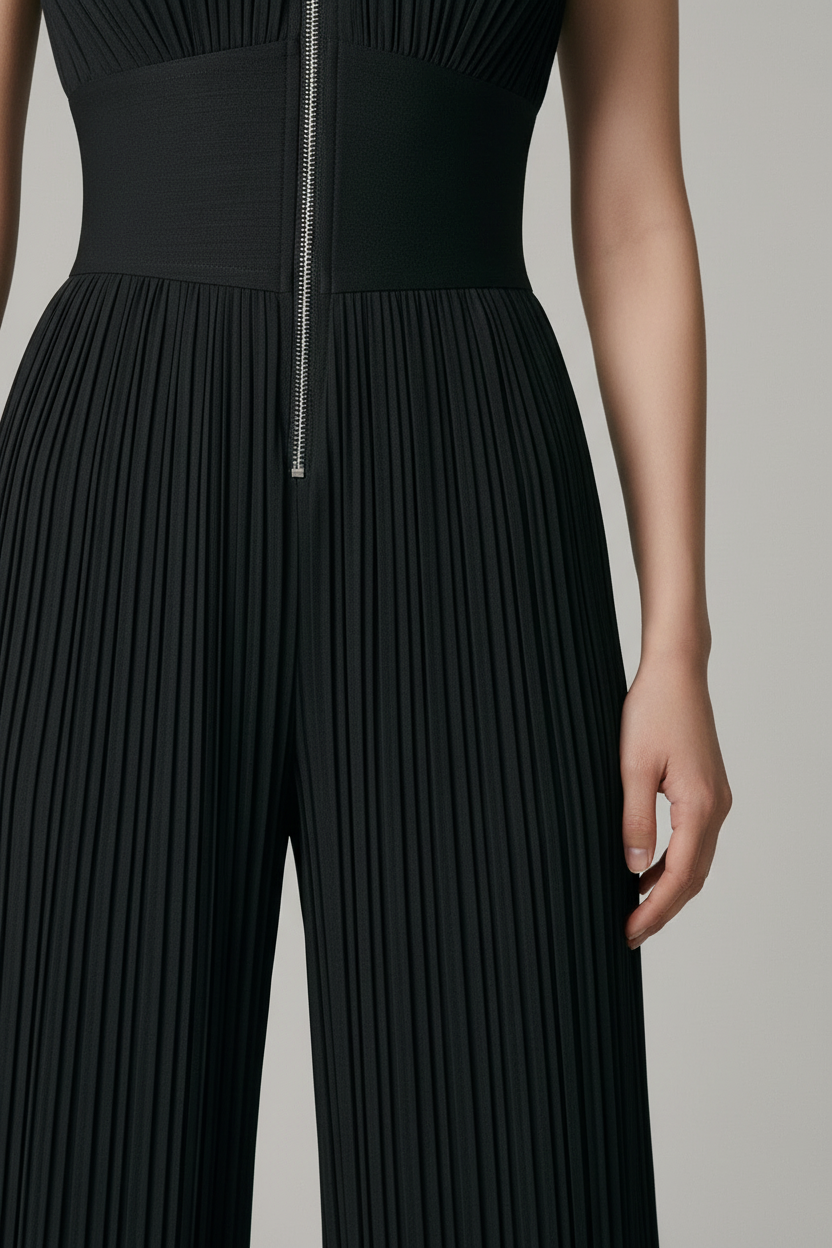 A model stands against a neutral light gray studio background wearing a sleeveless black pleated jumpsuit with a high mock neck, front zipper, and wide legs, paired with black strappy heels.