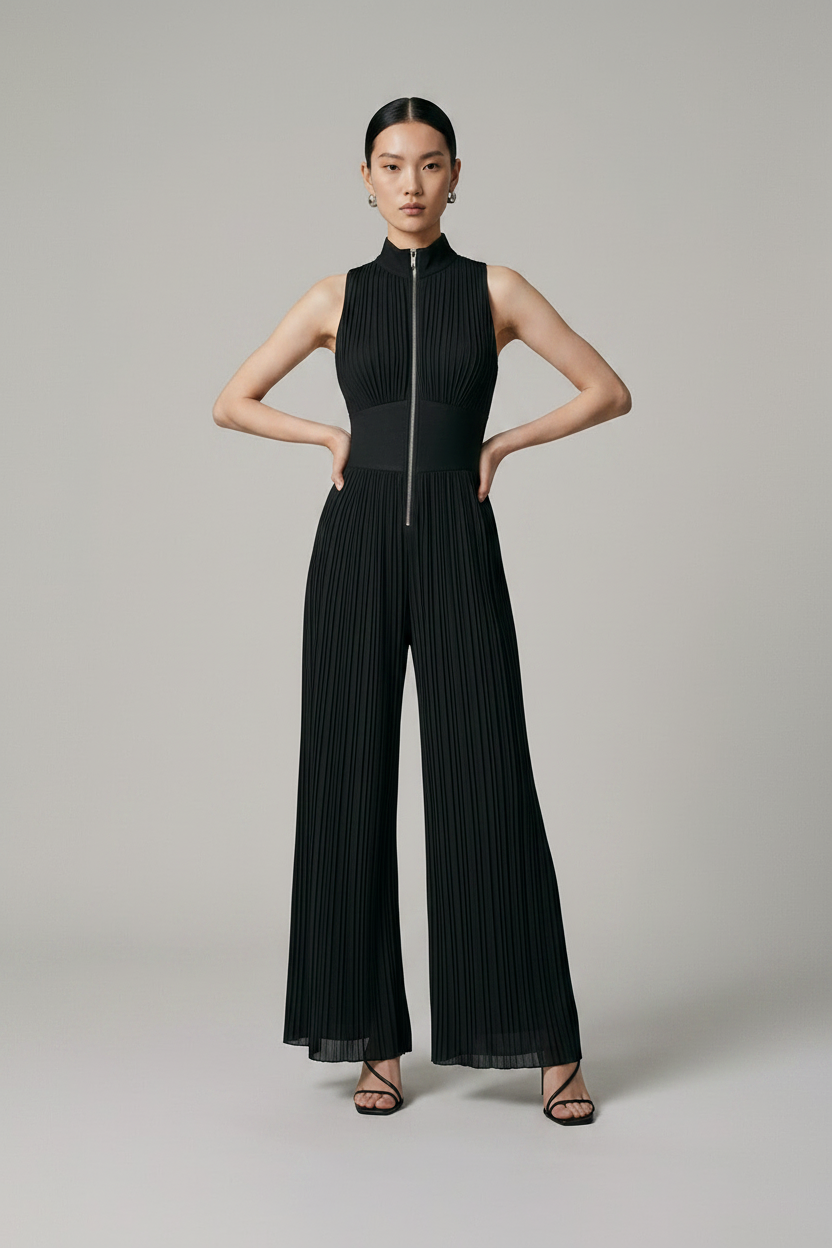 A model stands against a neutral light gray studio background wearing a sleeveless black pleated jumpsuit with a high mock neck, front zipper, and wide legs, paired with black strappy heels.