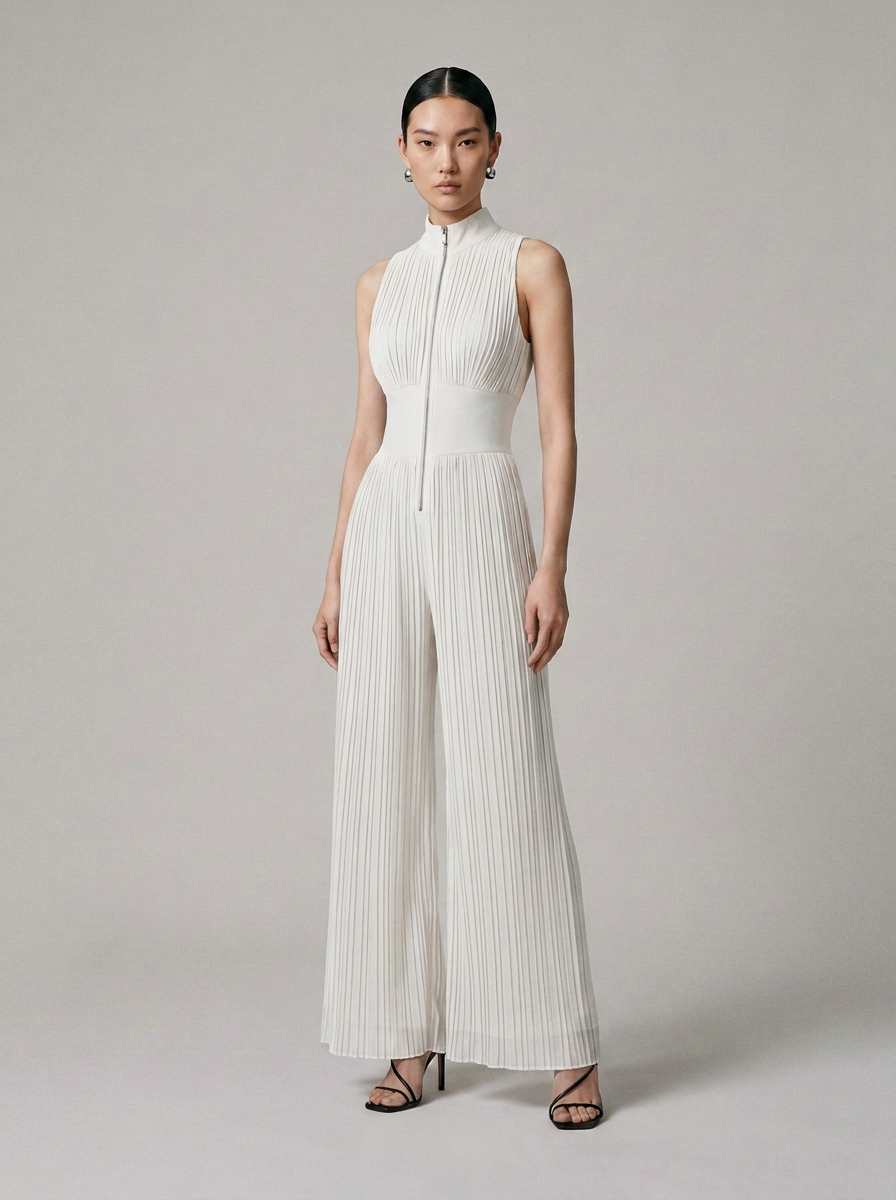 A model stands against a light gray studio background wearing a sleeveless white pleated jumpsuit with a high mock neck and front zipper, paired with black strappy heels.