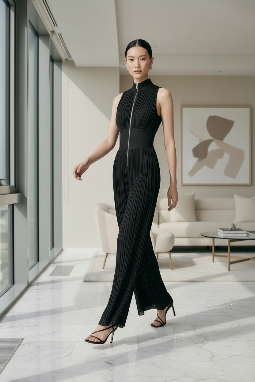 A woman models a sleeveless black pleated jumpsuit with a high mock neck and front zipper, styled with black strappy heels in a modern, sunlit living room.