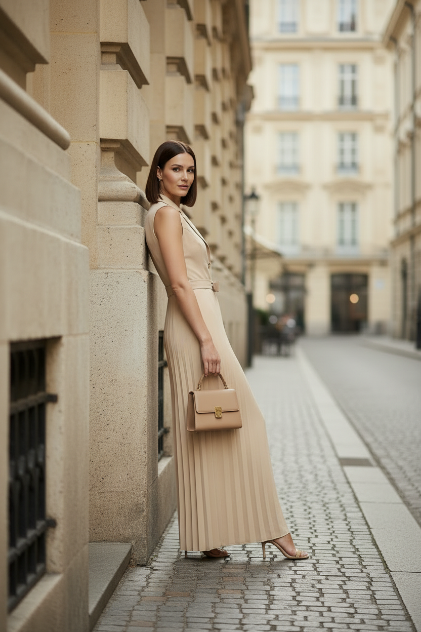 A woman stands on a cobblestone street wearing a sleeveless beige pleated maxi dress with a structured waist and holding a matching beige handbag.
