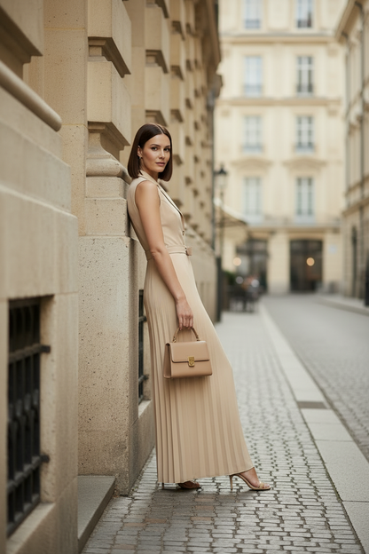 A woman stands on a cobblestone street wearing a sleeveless beige pleated maxi dress with a structured waist and holding a matching beige handbag.