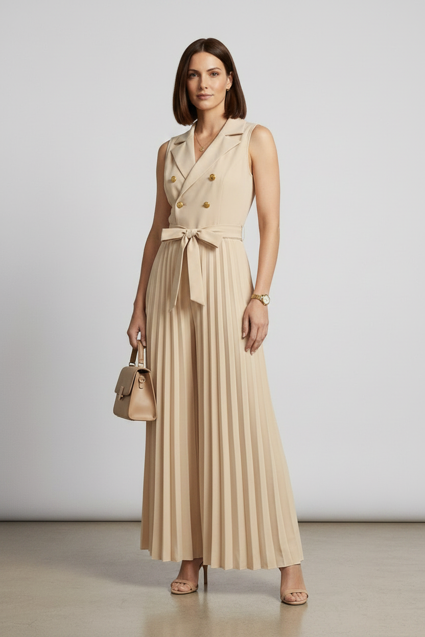 A woman models a sleeveless beige double-breasted jumpsuit with wide legs, pleated detailing, and a matching waist tie. She is holding a matching beige handbag and wearing beige high-heeled sandals against a neutral studio backdrop.