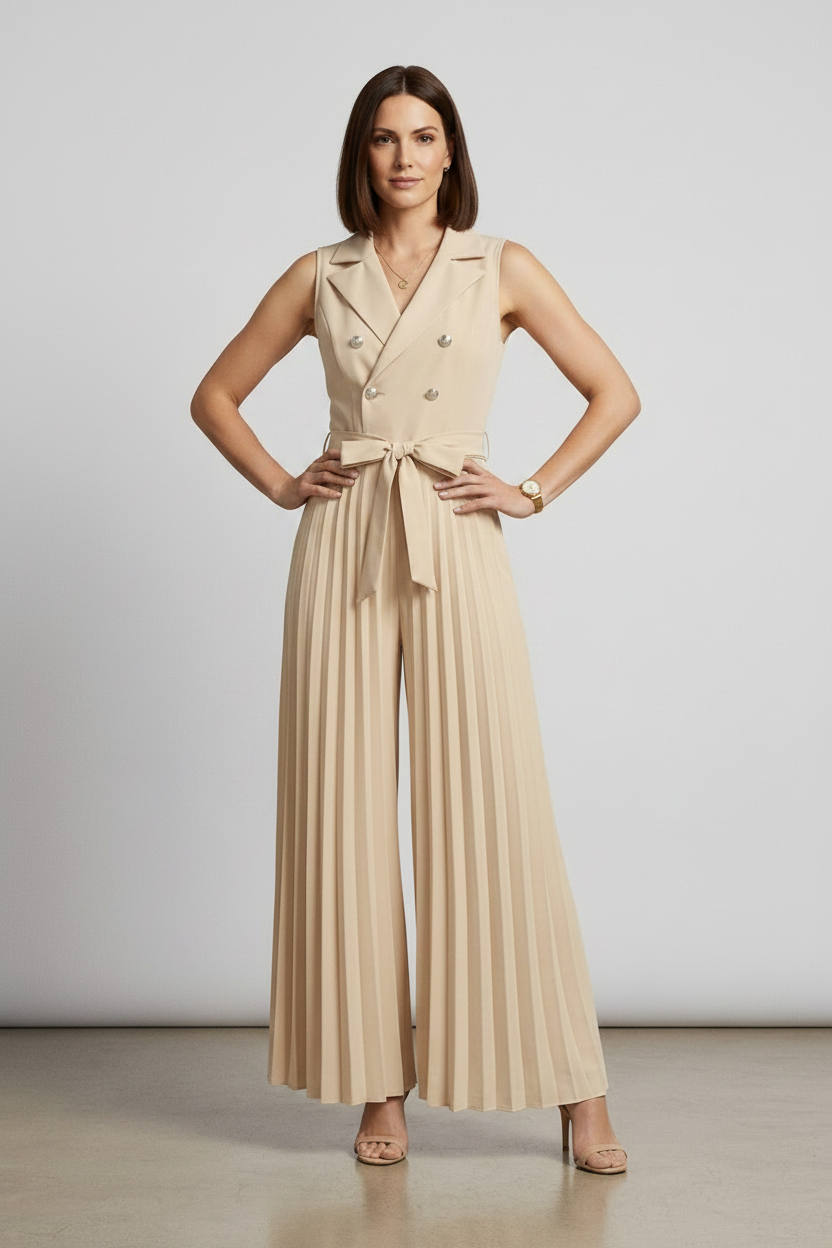 A woman models a sleeveless beige double-breasted jumpsuit with wide legs, pleated detailing, and a matching waist tie. She is holding a matching beige handbag and wearing beige high-heeled sandals against a neutral studio backdrop.