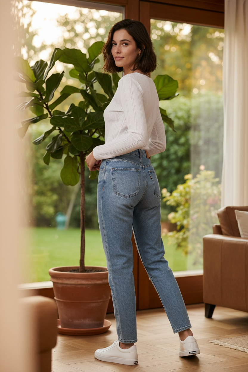 A woman modeling a white ribbed long-sleeve button-front top and light-wash blue jeans with white sneakers, standing against a plain off-white studio background.
