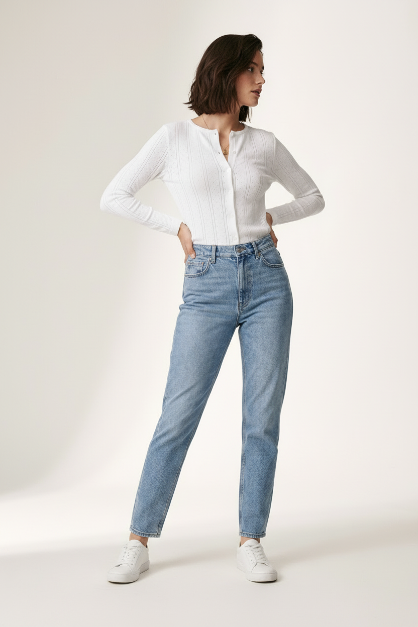 A woman modeling a white ribbed long-sleeve button-front top and light-wash blue jeans with white sneakers, standing against a plain off-white studio background.