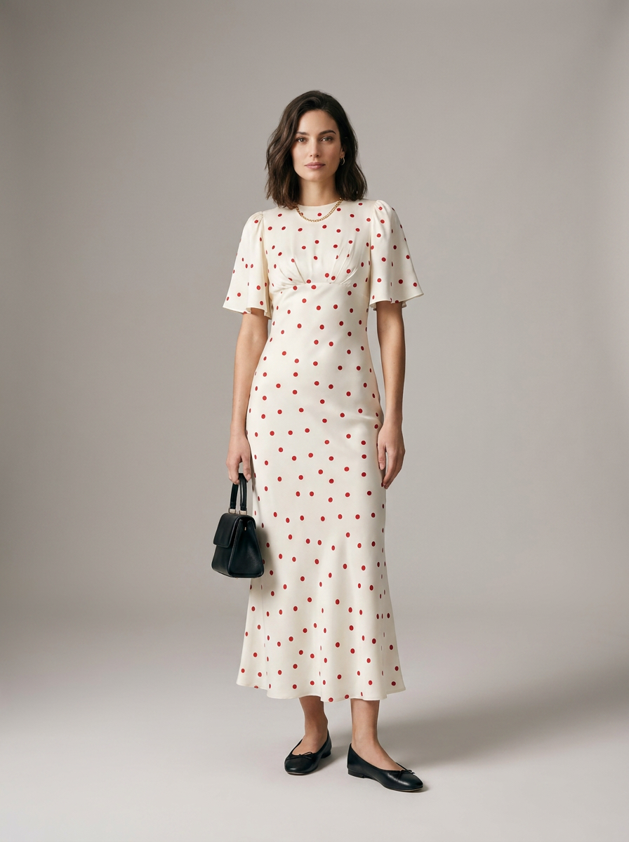 A woman modeling a cream midi dress with a red polka dot pattern, featuring short flutter sleeves and a fitted silhouette. She is holding a small black handbag and wearing black flats, set against a plain light gray studio background.