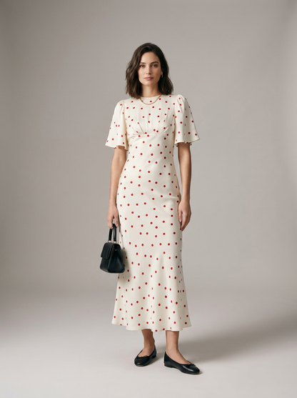 A woman modeling a cream midi dress with a red polka dot pattern, featuring short flutter sleeves and a fitted silhouette. She is holding a small black handbag and wearing black flats, set against a plain light gray studio background.