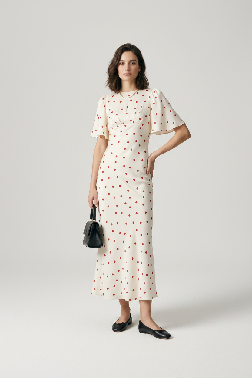 A woman modeling a cream midi dress with a red polka dot pattern, featuring short flutter sleeves and a fitted silhouette. She is holding a small black handbag and wearing black flats, set against a plain light gray studio background.