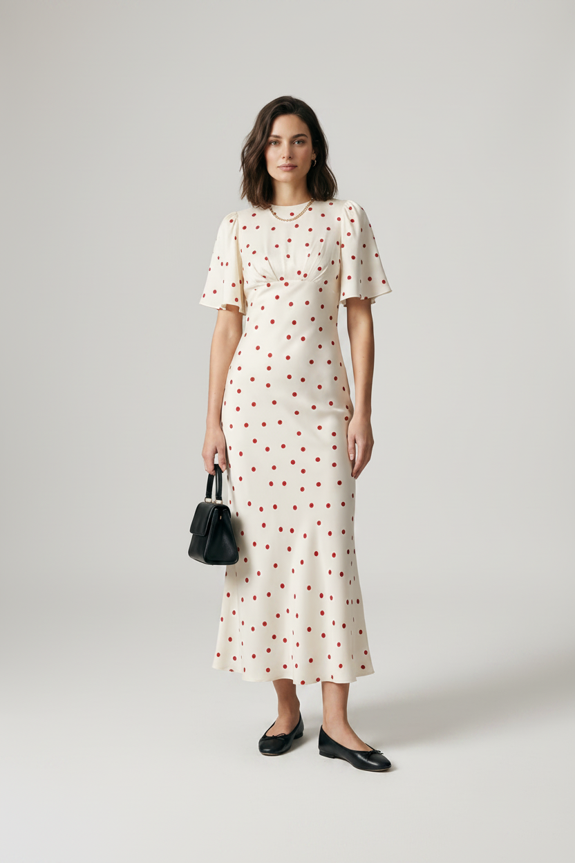 A woman modeling a cream midi dress with a red polka dot pattern, featuring short flutter sleeves and a fitted silhouette. She is holding a small black handbag and wearing black flats, set against a plain light gray studio background.
