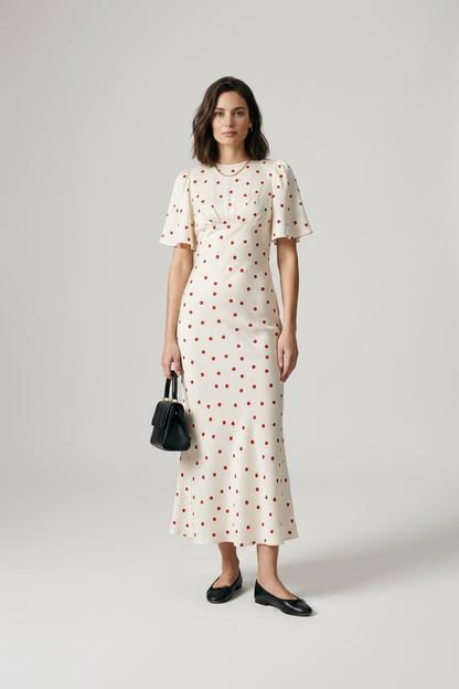 A woman modeling a cream midi dress with a red polka dot pattern, featuring short flutter sleeves and a fitted silhouette. She is holding a small black handbag and wearing black flats, set against a plain light gray studio background.