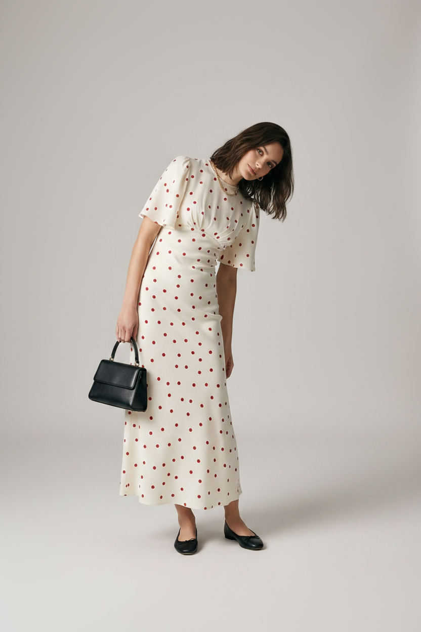 A woman modeling a cream midi dress with a red polka dot pattern, featuring short flutter sleeves and a fitted silhouette. She is holding a small black handbag and wearing black flats, set against a plain light gray studio background.