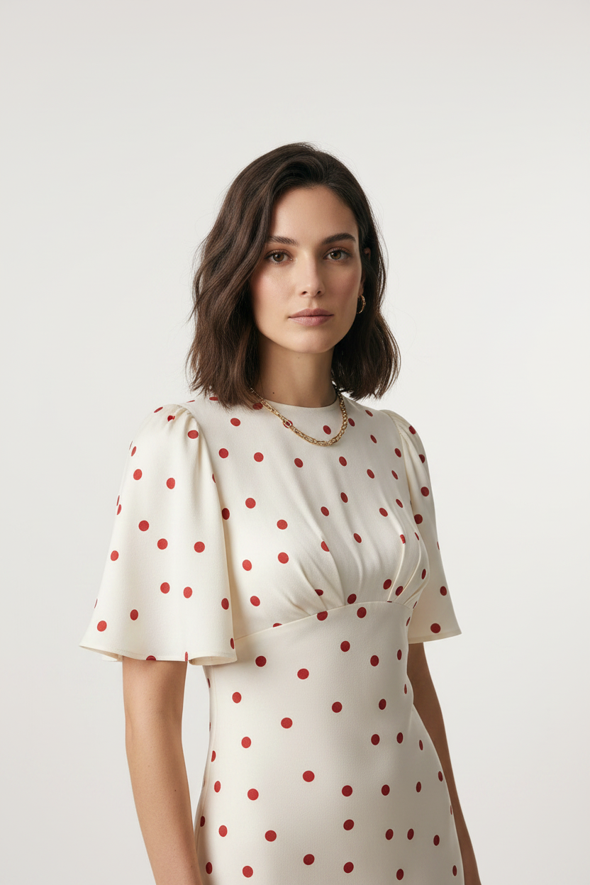 A woman modeling a cream midi dress with a red polka dot pattern, featuring short flutter sleeves and a fitted silhouette. She is holding a small black handbag and wearing black flats, set against a plain light gray studio background.