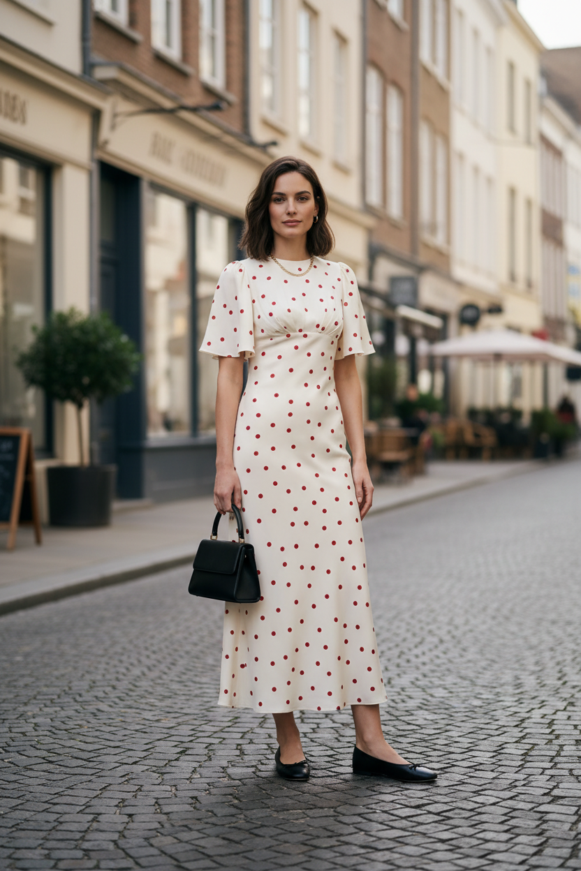 A woman modeling a cream midi dress with a red polka dot pattern, featuring short flutter sleeves and a fitted silhouette. She is holding a small black handbag and wearing black flats, set against a plain light gray studio background.