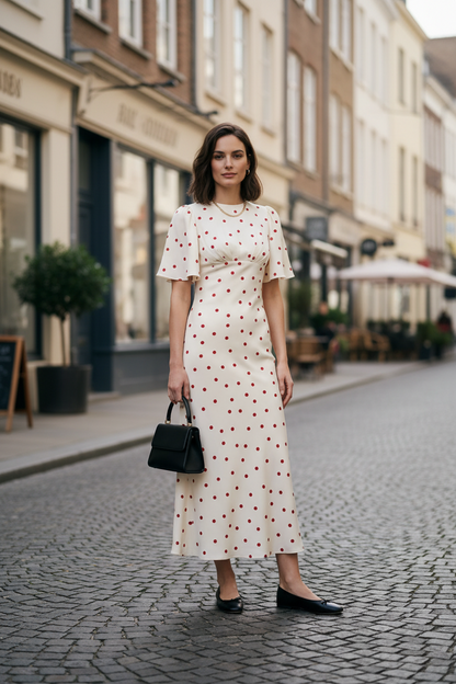 A woman modeling a cream midi dress with a red polka dot pattern, featuring short flutter sleeves and a fitted silhouette. She is holding a small black handbag and wearing black flats, set against a plain light gray studio background.
