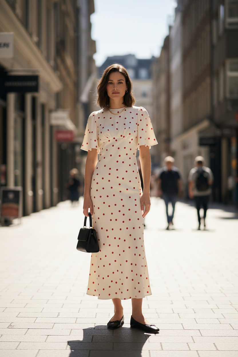 A woman modeling a cream midi dress with a red polka dot pattern, featuring short flutter sleeves and a fitted silhouette. She is holding a small black handbag and wearing black flats, set against a plain light gray studio background.