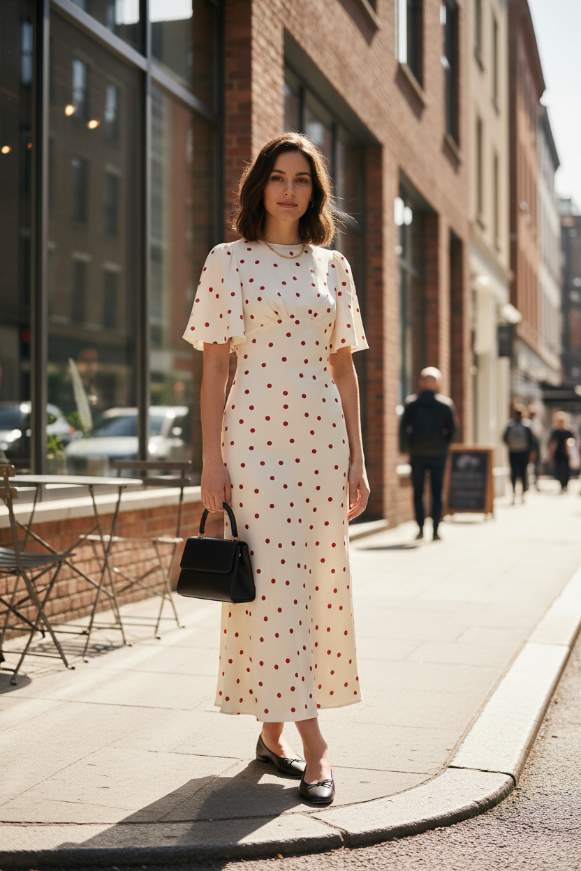 A woman modeling a cream midi dress with a red polka dot pattern, featuring short flutter sleeves and a fitted silhouette. She is holding a small black handbag and wearing black flats, set against a plain light gray studio background.