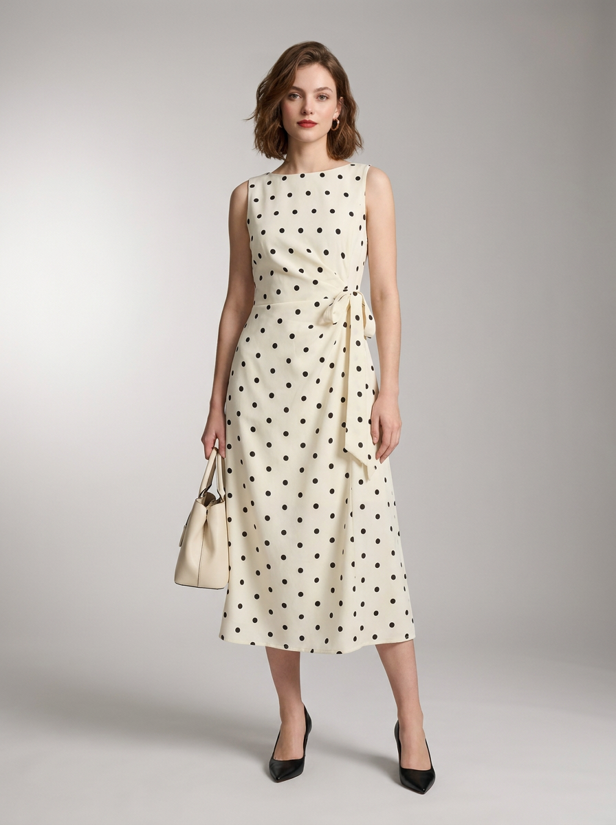 A woman models a sleeveless cream midi dress with black polka dots and a matching fabric tie belt at the waist. She is holding a cream handbag and wearing black pointed-toe heels, set against a neutral gray studio background.