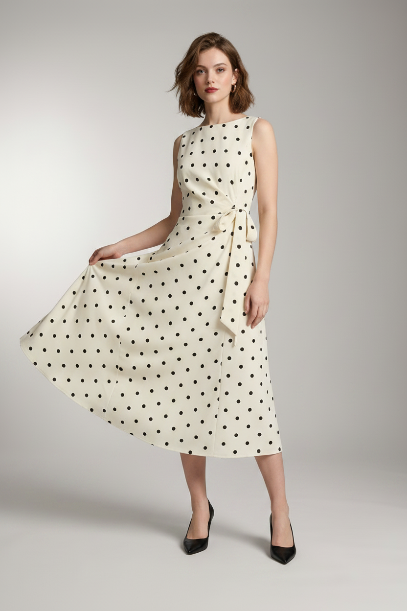 A woman models a sleeveless cream midi dress with black polka dots and a matching fabric tie belt at the waist. She is holding a cream handbag and wearing black pointed-toe heels, set against a neutral gray studio background.