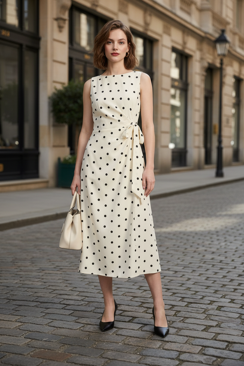 A woman stands on a cobblestone street wearing a sleeveless cream midi dress with black polka dots and a matching waist tie. She is holding a cream handbag and wearing black pointed-toe heels, with a city building facade in the background.
