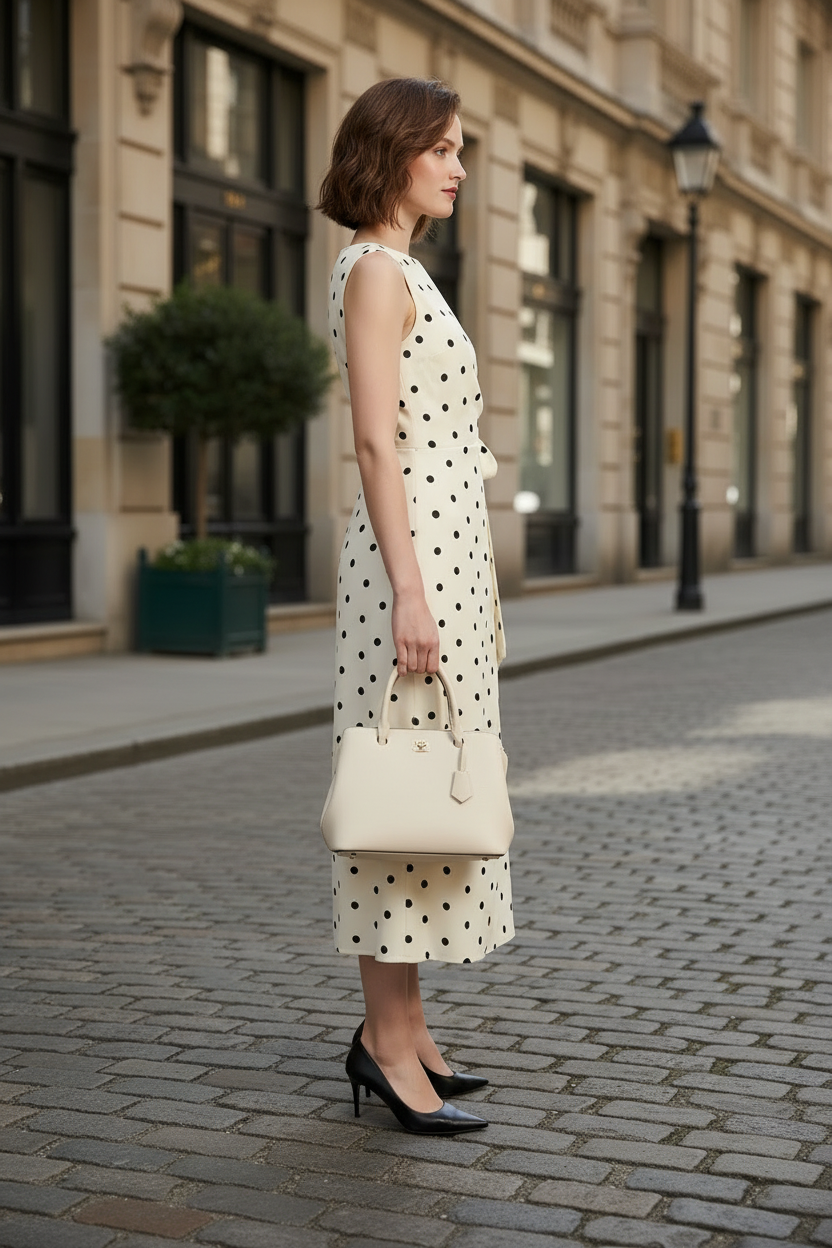 A woman stands on a cobblestone street wearing a sleeveless cream midi dress with black polka dots and a matching waist tie. She is holding a cream handbag and wearing black pointed-toe heels, with a city building facade in the background.