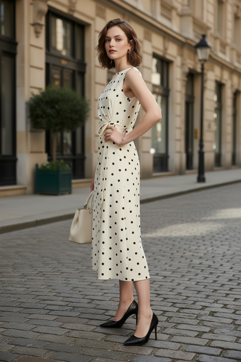 A woman stands on a cobblestone street wearing a sleeveless cream midi dress with black polka dots, paired with black heels and holding a light beige handbag.