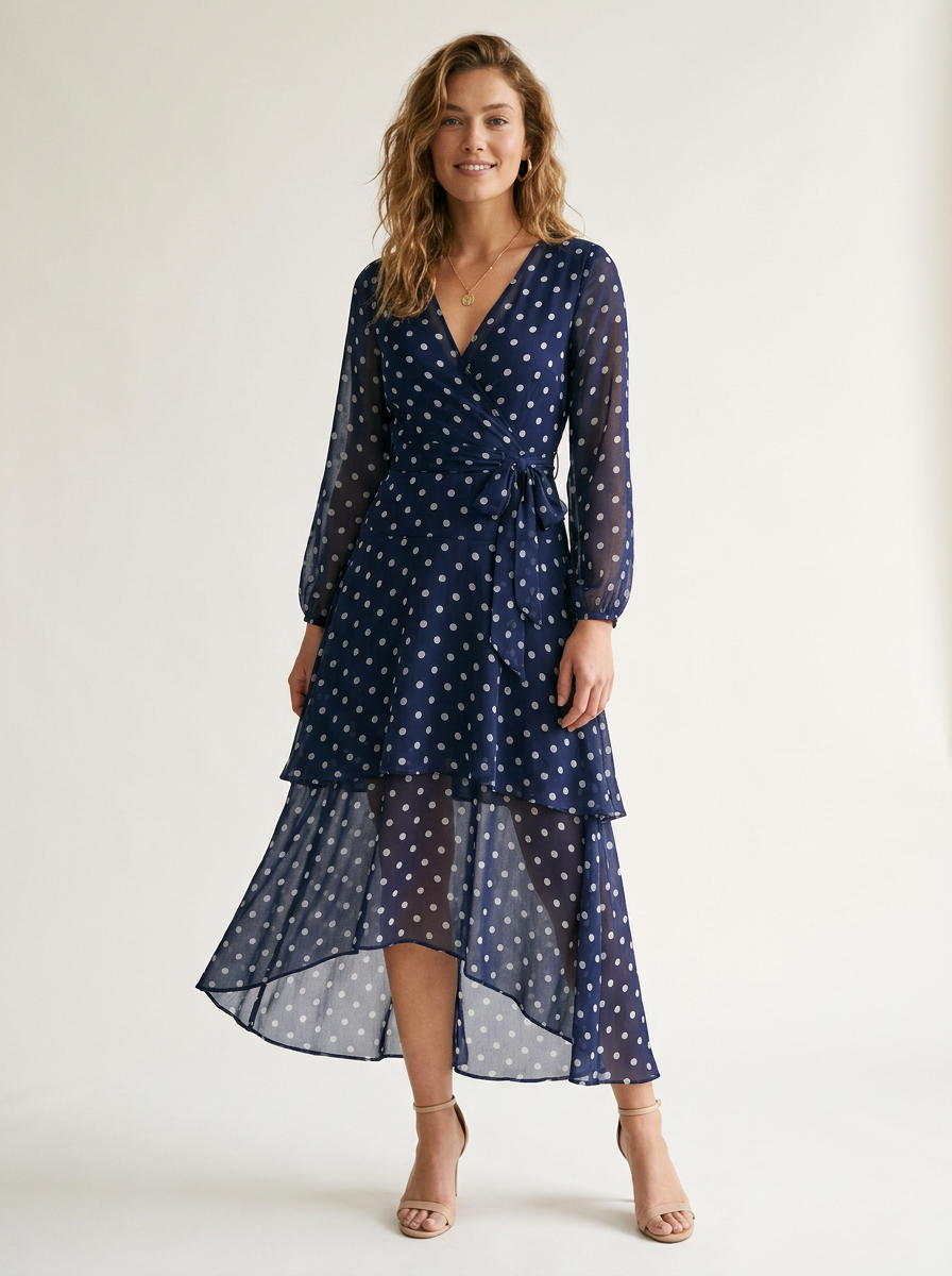 A woman modeling a navy blue long-sleeve midi dress with a white polka dot pattern, featuring a wrap-style V-neck bodice, tie waist, and a layered ruffled hem, set against a plain light background.