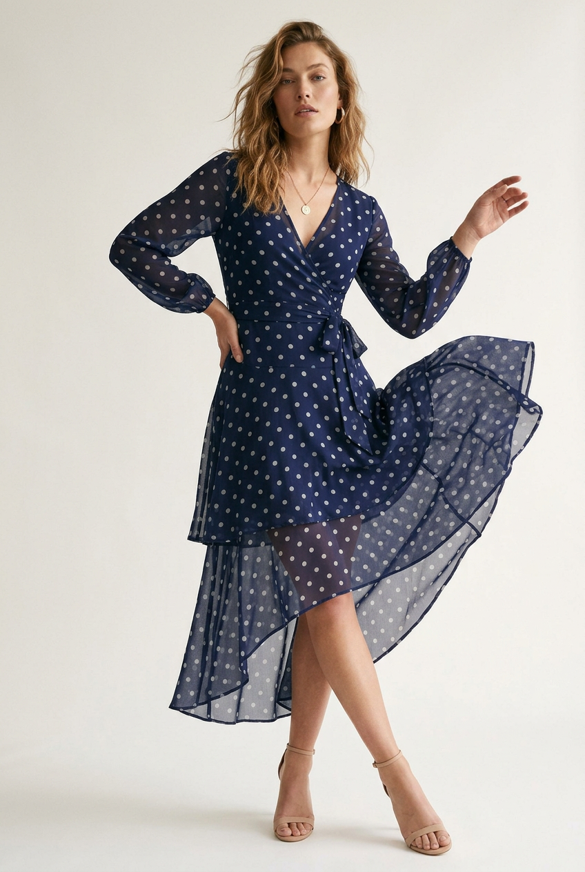 A woman modeling a navy blue long-sleeve midi dress with a white polka dot pattern, featuring a wrap-style V-neck bodice, tie waist, and a layered ruffled hem, set against a plain light background.