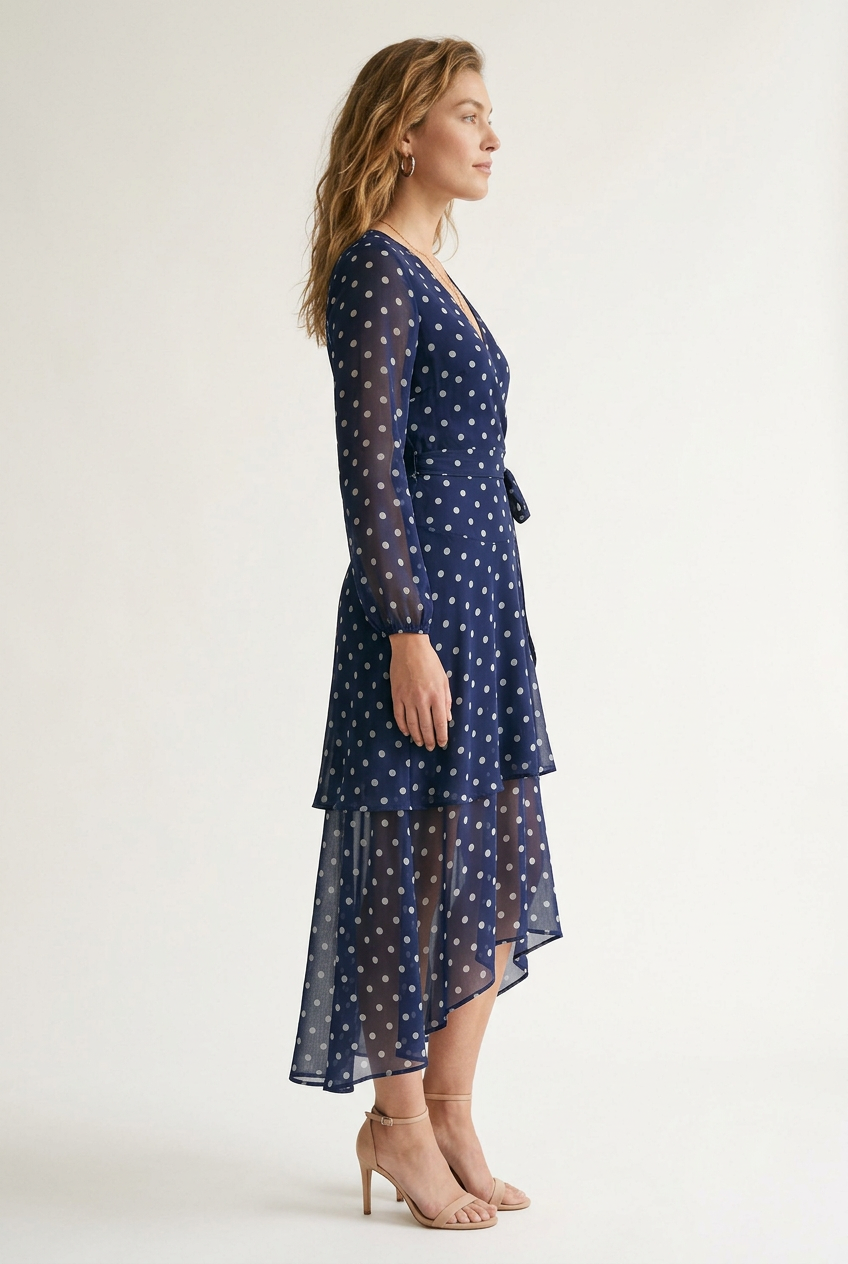 A woman modeling a navy blue long-sleeve midi dress with a white polka dot pattern, featuring a wrap-style V-neck bodice, tie waist, and a layered ruffled hem, set against a plain light background.