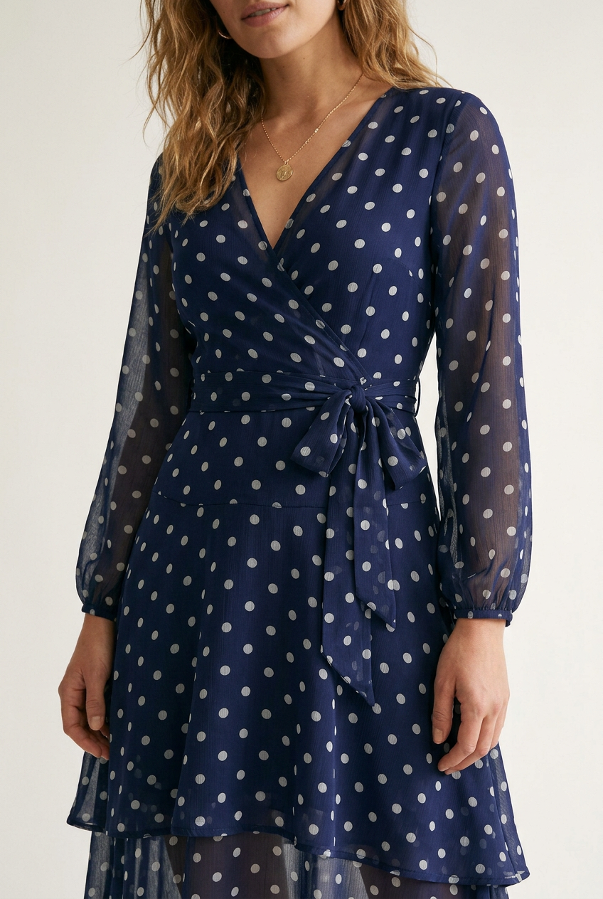 A woman modeling a navy blue long-sleeve midi dress with a white polka dot pattern, featuring a wrap-style V-neck bodice, tie waist, and a layered ruffled hem, set against a plain light background.