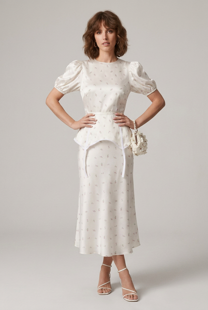 A woman models a white puff-sleeve midi dress with a delicate floral print, featuring a peplum waist and tie detail at the front. She is styled with white strappy heels and a matching white clutch, set against a plain light gray studio background.