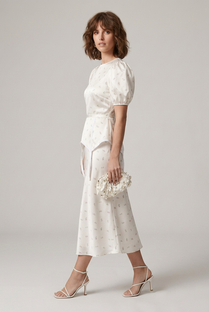 A woman models a white puff-sleeve midi dress with a delicate floral print, featuring a peplum waist and tie detail at the front. She is styled with white strappy heels and a matching white clutch, set against a plain light gray studio background.