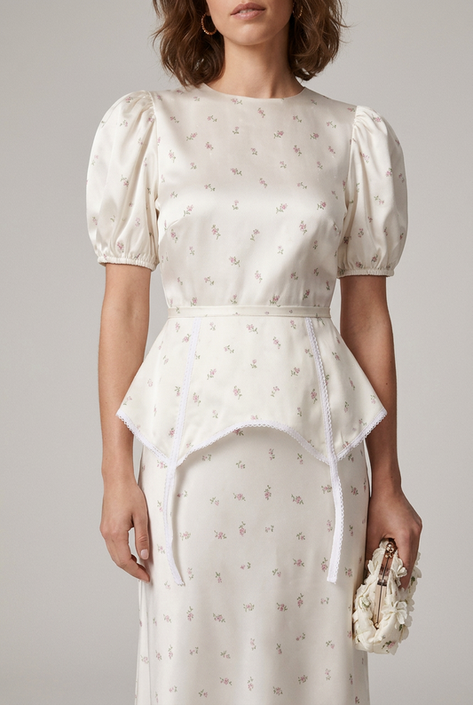 A woman models a white puff-sleeve midi dress with a delicate floral print, featuring a peplum waist and tie detail at the front. She is styled with white strappy heels and a matching white clutch, set against a plain light gray studio background.