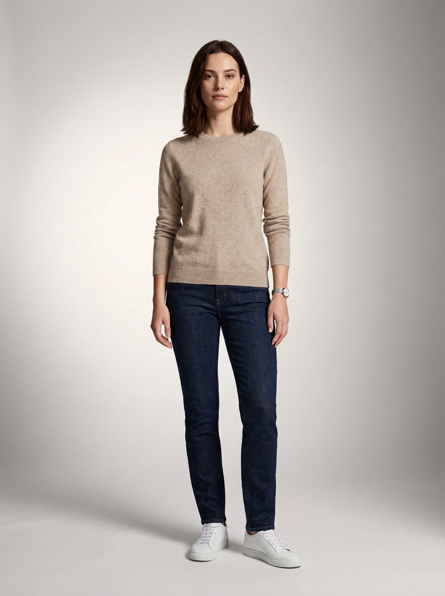 A woman stands against a light gray studio background wearing a beige crewneck sweater, dark blue slim-fit jeans, and white sneakers.