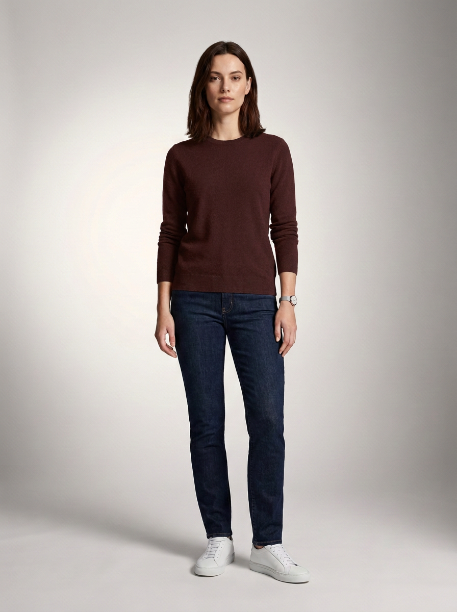Cashmere Crew Neck Sweater Long Sleeve Knitted Pullover in Espresso