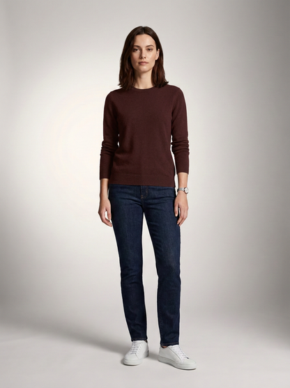 Cashmere Crew Neck Sweater Long Sleeve Knitted Pullover in Espresso