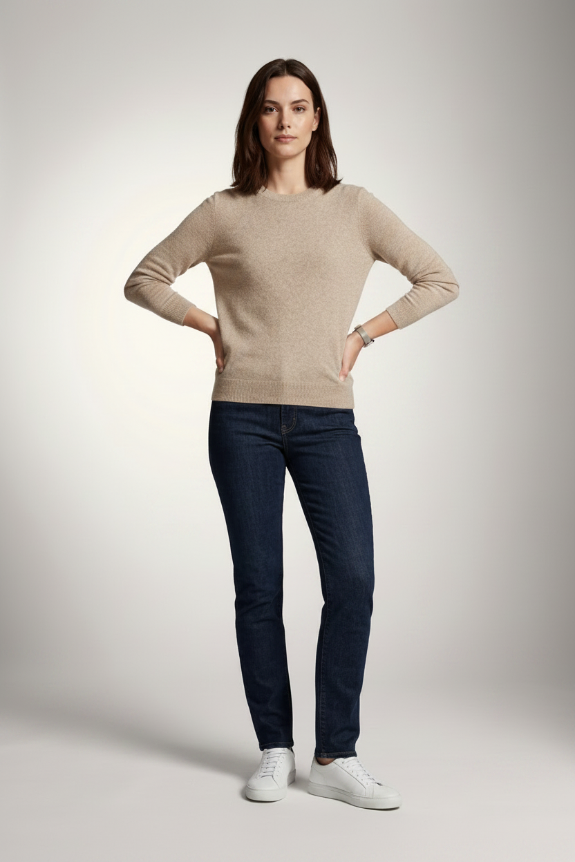 A woman stands against a light gray studio background wearing a beige crewneck sweater, dark blue slim-fit jeans, and white sneakers.