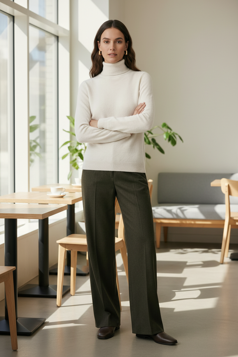 A woman stands with arms crossed wearing a cream ribbed turtleneck sweater and dark olive wide-leg trousers against a plain beige studio background.
