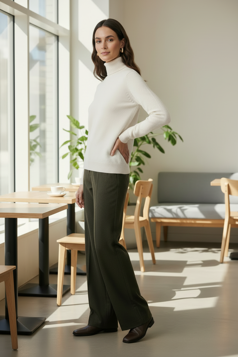 A woman stands in a bright, modern indoor setting with large windows, wearing a cream ribbed turtleneck sweater and dark olive green wide-leg trousers, paired with dark brown shoes.