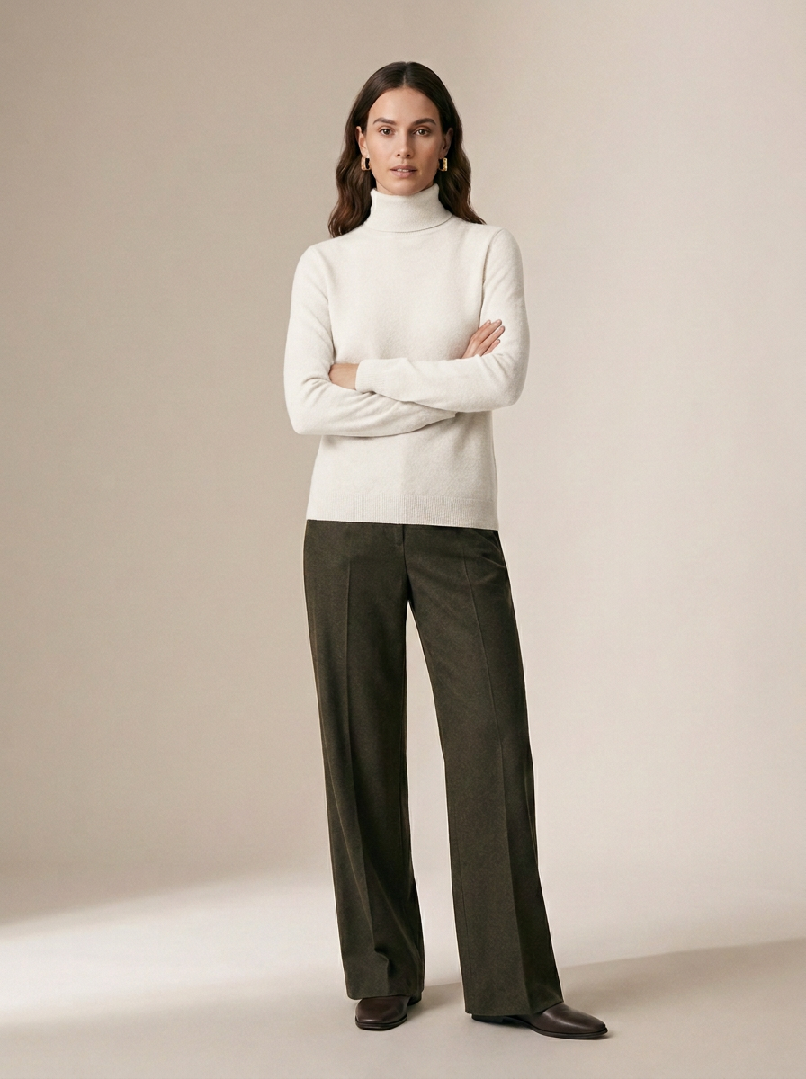 Cashmere Turtleneck Long Sleeve Knitted Pullover Sweater in White, studio shot