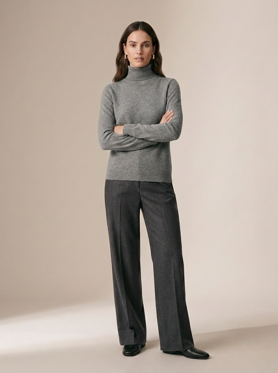 A woman stands with arms crossed wearing a light gray ribbed turtleneck sweater and dark charcoal wide-leg trousers against a plain beige studio backdrop.