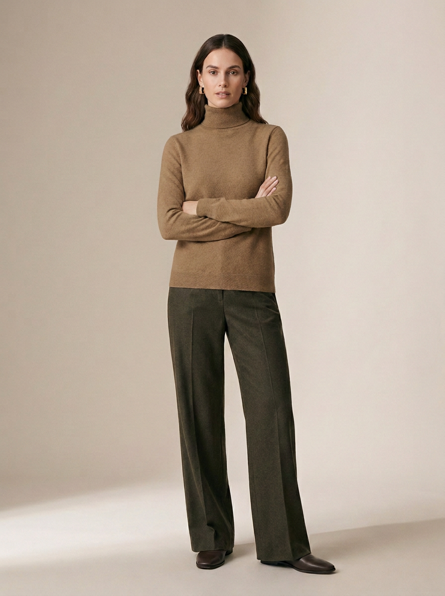 A woman stands with arms crossed wearing a camel brown ribbed turtleneck sweater and dark olive green wide-leg trousers, photographed against a plain warm beige studio backdrop.
