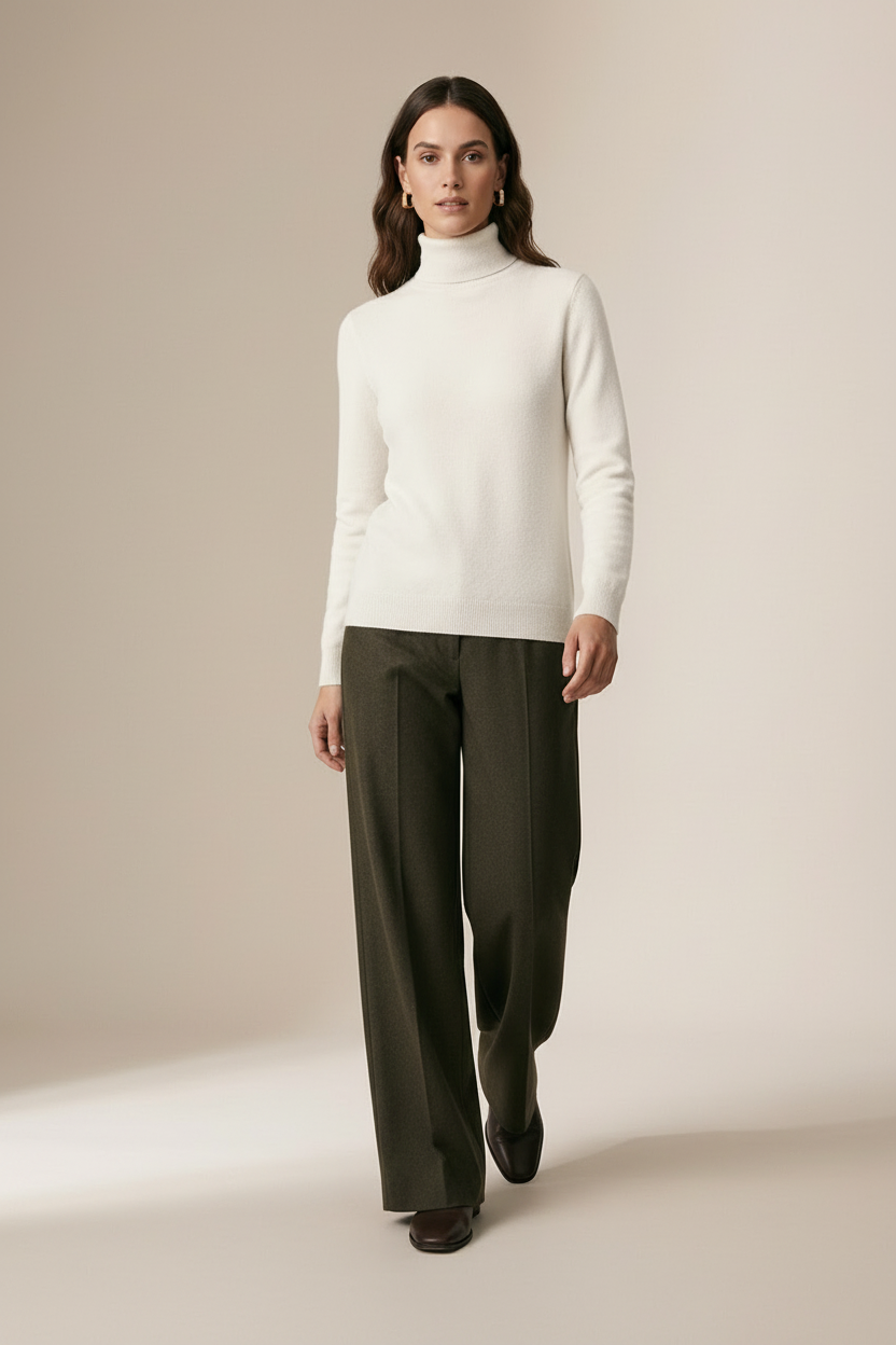 A woman stands with arms crossed wearing a cream ribbed turtleneck sweater and dark olive wide-leg trousers against a plain beige studio background.